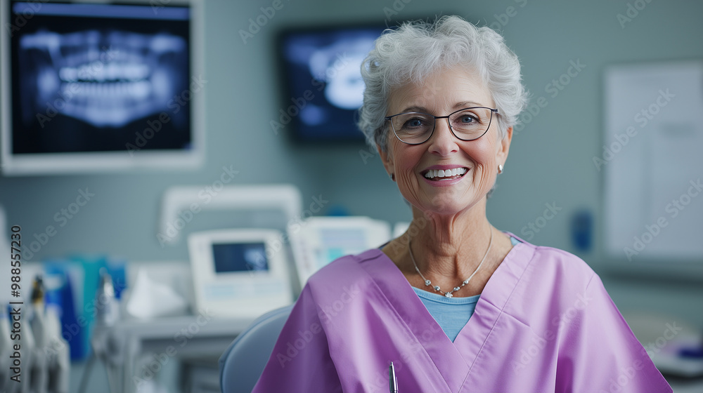 A senior patient with a wide, happy smile, as the dentist prepares to take a final look, medical charts and dental equipment subtly enhancing the clinical setting. A senior patient with a wide, happy smile, as the dentist prepares to take a final look, medical charts and dental equipment subtly enhancing the clinical setting.