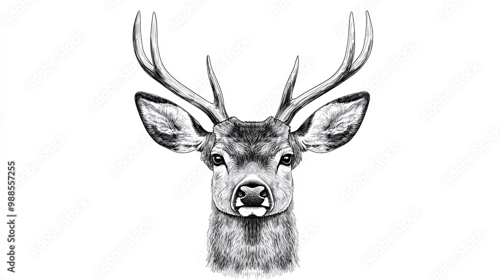 Naklejka premium Stunning black and white illustration of a majestic deer, showcasing intricate details of its antlers and facial features.