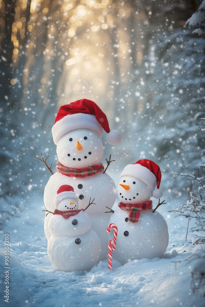 Cheerful Snowman Family with Santa Hats in a Snowy Winter Forest Cheerful Snowman Family with Santa Hats in a Snowy Winter Forest
