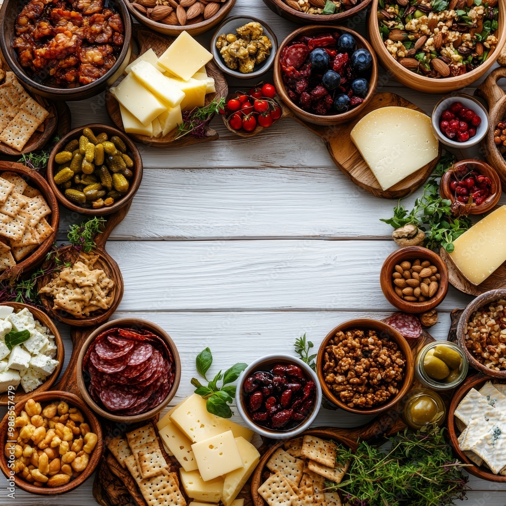 Variety of appetizers, snacks, and finger foods on a white wooden table with copy space. Variety of appetizers, snacks, and finger foods on a white wooden table with copy space.