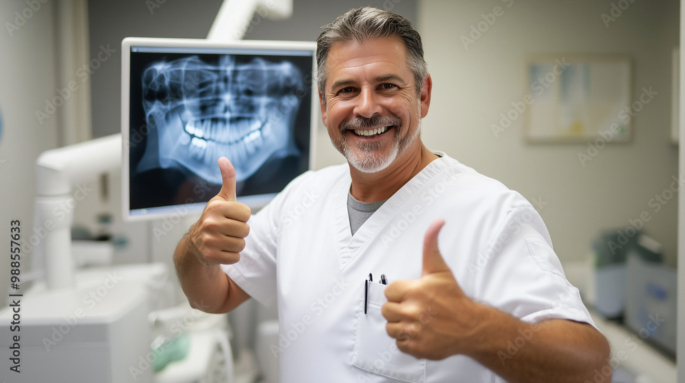 A dentist smiling with thumbs up, standing in front of a dental X-ray machine, ready for the next patient. A dentist smiling with thumbs up, standing in front of a dental X-ray machine, ready for the next patient.