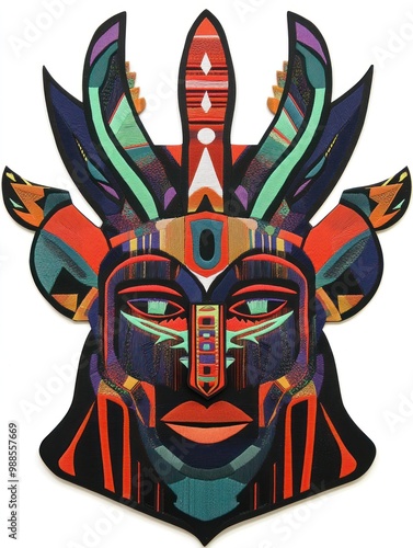 Abstract colorful mask with geometric patterns and shapes.