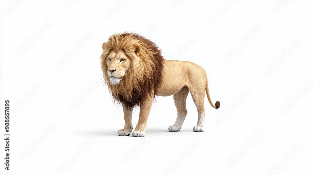 Fototapeta premium A hyper-realistic illustration of a majestic lion roaming through a verdant savanna, its fur flowing in the wind