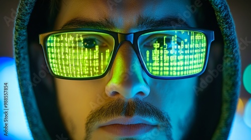 Cybersecurity Threat, Hacker in Hoodie with Reflective Code Glasses, Dark Web Concept photo