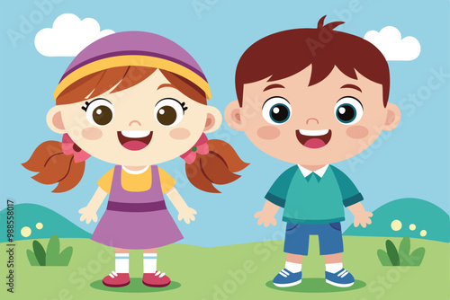 Two adorable cartoon kids happily enjoying their time together outdoors, surrounded by a bright landscape, a cartoon character Cute children boy and girl happy