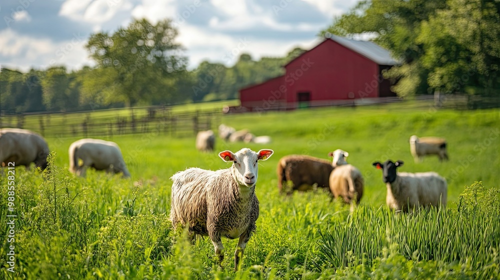 Sheep in a Green Pasture with a Red Barn in the Distance Sheep in a Green Pasture with a Red Barn in the Distance