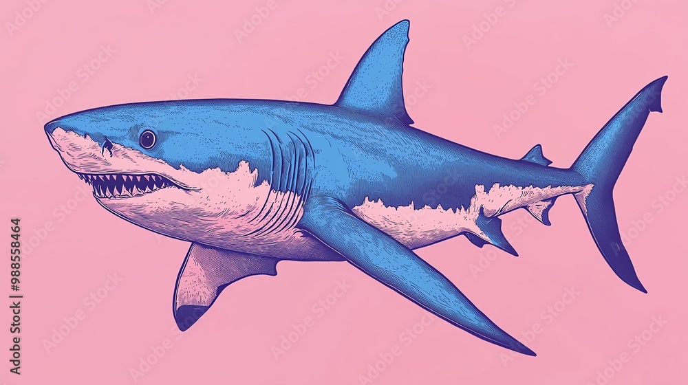 Fototapeta premium Stylized illustration of a fierce shark swimming against a vibrant pink background, showcasing underwater beauty and power.