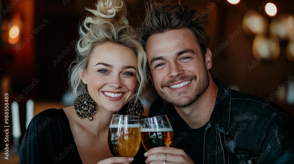Smiling couple toasting with beer glasses in a warm, celebratory atmosphere. Togetherness, love, bonding, joyful celebration, happy moments Smiling couple toasting with beer glasses in a warm, celebratory atmosphere. Togetherness, love, bonding, joyful celebration, happy moments