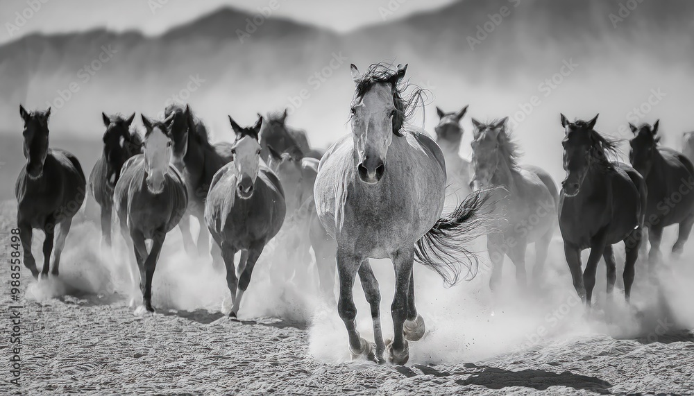 Obraz premium Horse portrait in motion. Horse portrait in herd in motion in desert dust. Black and white 