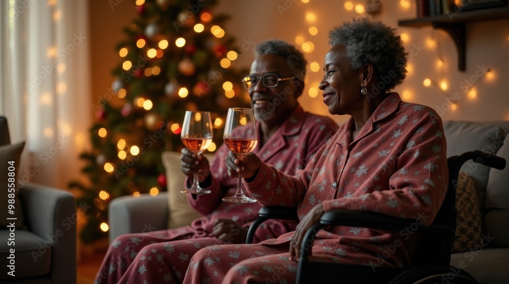 Senior couple celebrating Christmas at home, sharing wine, wife in wheelchair, holiday traditions, cozy family moment, festive pajamas Senior couple celebrating Christmas at home, sharing wine, wife in wheelchair, holiday traditions, cozy family moment, festive pajamas