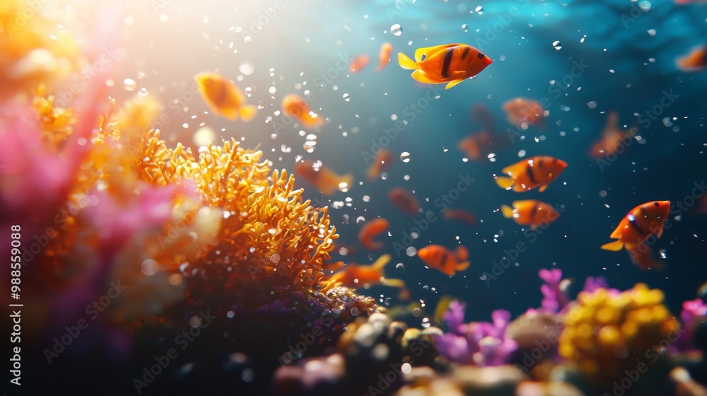A photo realistic underwater scene with a school of colorful fish darting through coral reefs, shimmering light rays illuminating the depths of the ocean A photo realistic underwater scene with a school of colorful fish darting through coral reefs, shimmering light rays illuminating the depths of the ocean