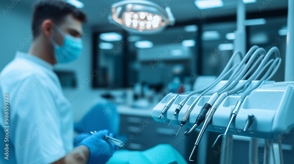 A dentist arranging syringes and drills, preparing for a dental procedure, with the patient waiting in the chair under a bright overhead light. A dentist arranging syringes and drills, preparing for a dental procedure, with the patient waiting in the chair under a bright overhead light.