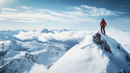 Skier Standing on a Snowy Mountain Peak Overlooking Majestic Alpine Range