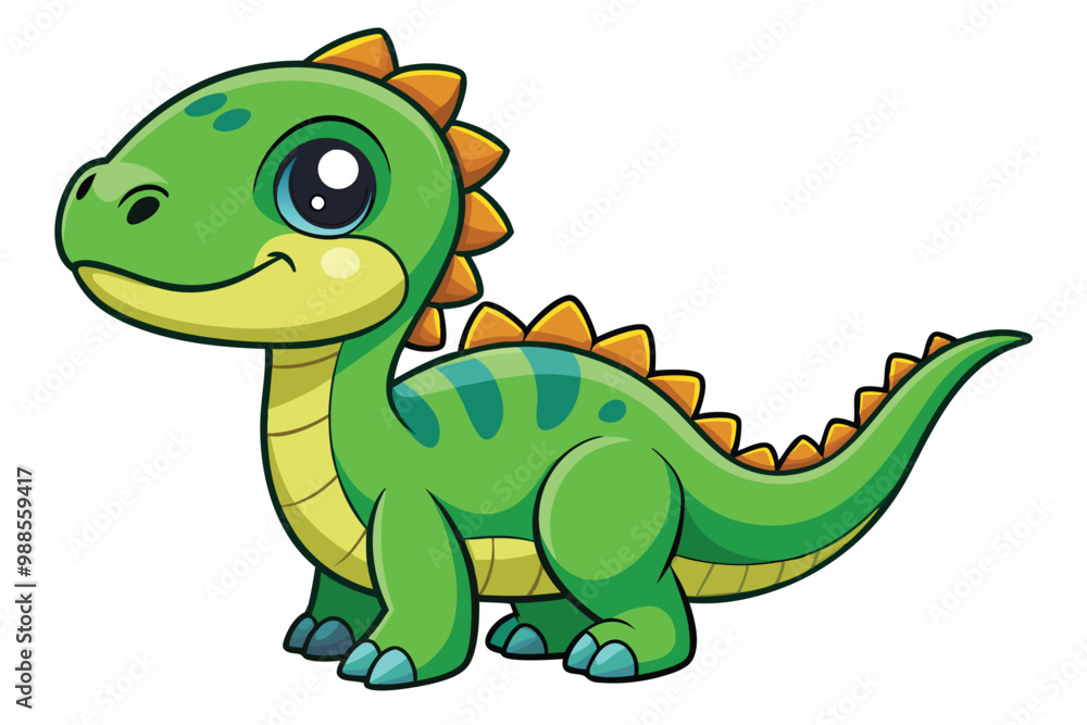 Fototapeta premium A cheerful green dinosaur enjoys its time in a colorful meadow full of flowers, a cartoon character cute dinosaur