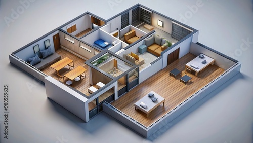 3D floor plan of a home, featuring an open-concept living apartment layout. 3D illustration.