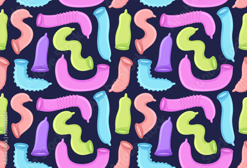 Seamless pattern with funny cartoon condoms. Cool and crazy print
