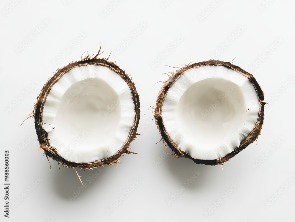 Two halves of a fresh coconut with exposed white flesh, isolated on a clean white background. Two halves of a fresh coconut with exposed white flesh, isolated on a clean white background.