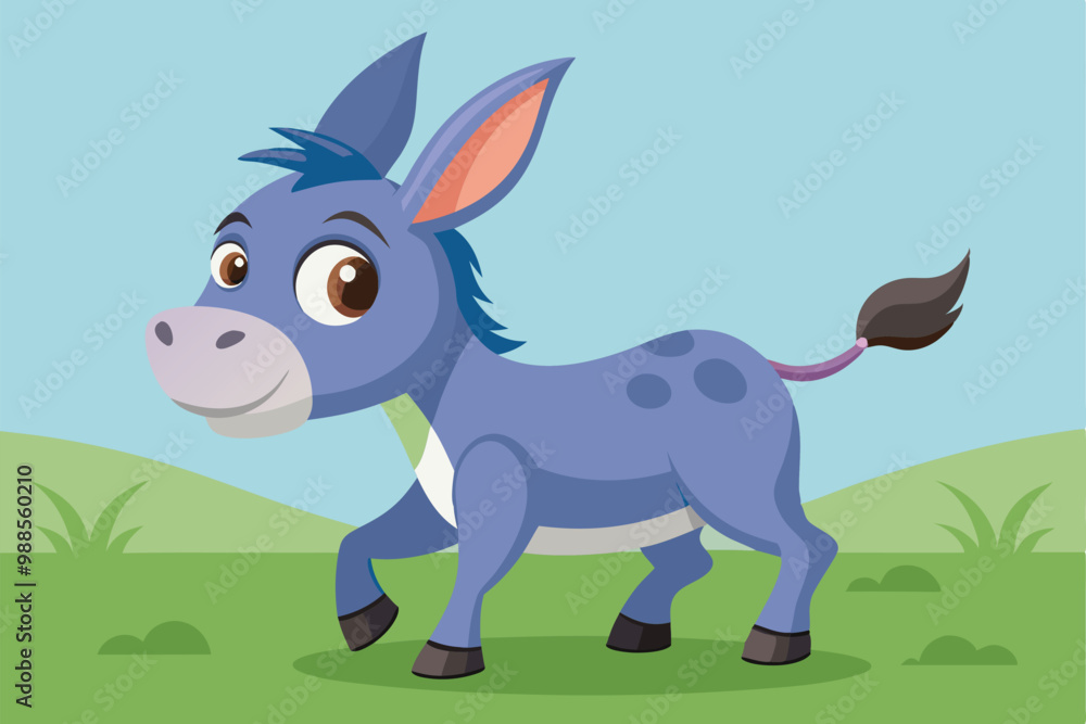 Fototapeta premium The cheerful donkey strolls through the green grass, enjoying a lovely sunny day, a cartoon character cute donkey cartoon walking