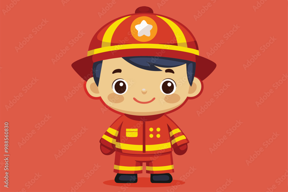 A cute fireman character beams joyfully, ready for action in his red and yellow uniform, a cartoon character Cute fireman A cute fireman character beams joyfully, ready for action in his red and yellow uniform, a cartoon character Cute fireman