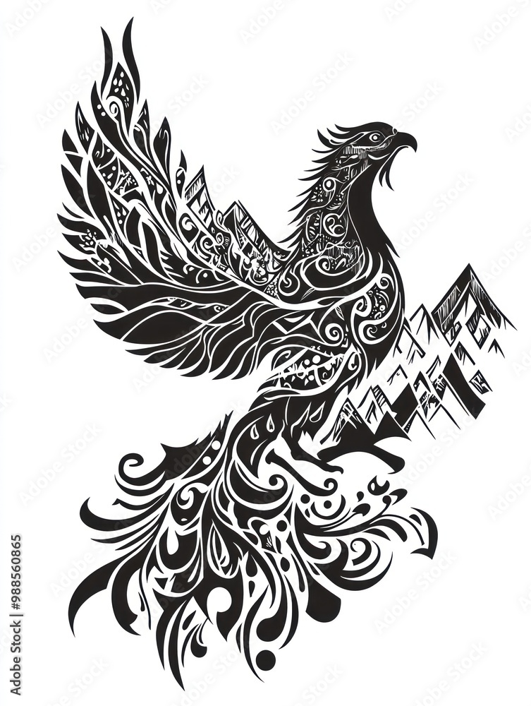Fototapeta premium A black and white illustration of a phoenix rising from the ashes. The phoenix is depicted with intricate detail and is a symbol of rebirth and hope.