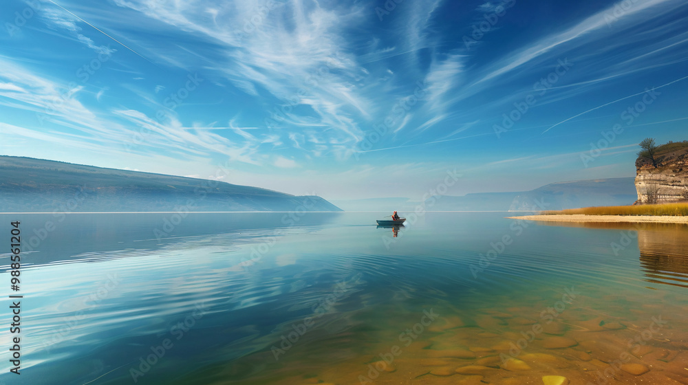Fototapeta premium Serene lake with crystal-clear water on the left side and a sandy shore on the right and a lone fisherman in a small boat in the center and under a sky with a few wispy clouds. 