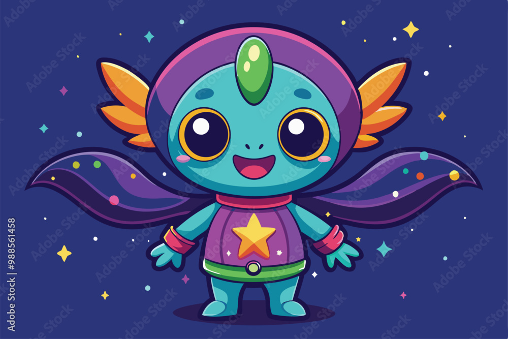 Naklejka premium A cheerful cartoon character with colorful wings stands vibrantly against a galaxy backdrop, a cartoon character Cute Galaxy