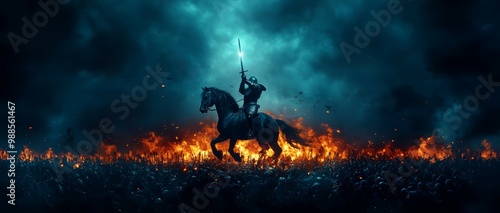 A striking image of a fearless warrior astride a mighty steed, wielding a gleaming sword against the backdrop of a stormy battlefield