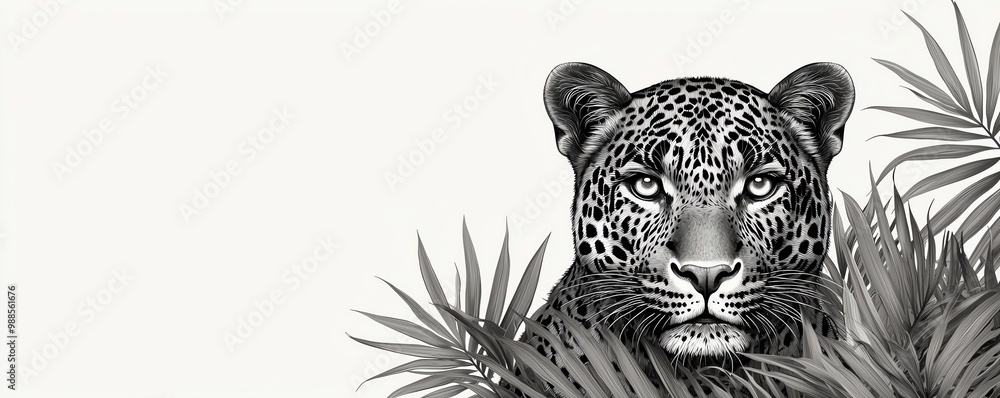 Obraz premium A majestic leopard peers through lush green leaves, showcasing its striking features and captivating gaze amidst a serene background.