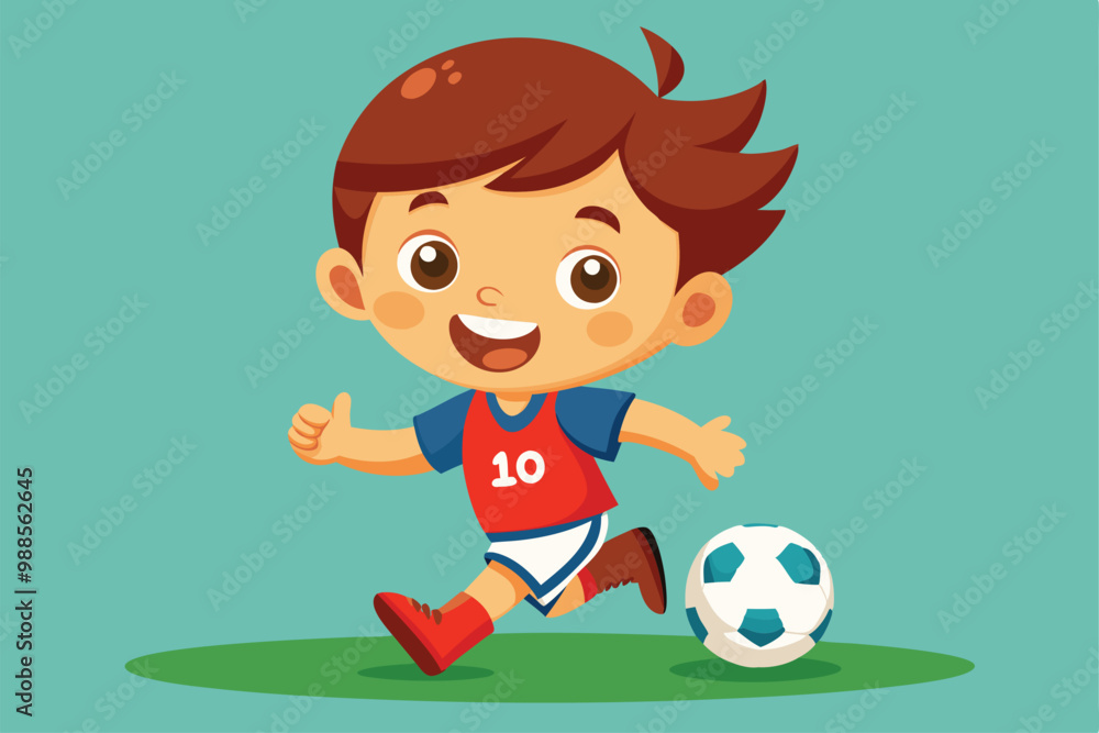 A happy young boy runs joyfully while playing soccer with a ball, a cartoon character Cute Happy cute little boy playing soccer footbal A happy young boy runs joyfully while playing soccer with a ball, a cartoon character Cute Happy cute little boy playing soccer footbal
