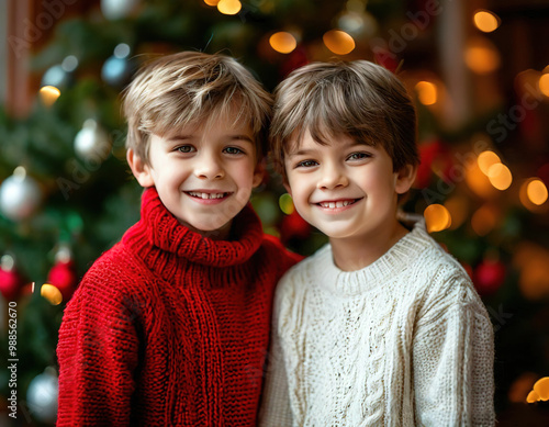 boys in santa hats and sweaters smiling and looking at camera against christmas garland background.