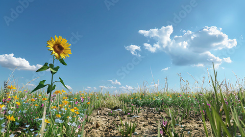 Serene meadow with wildflowers on the left side and a dry patch of earth on the right and a single sunflower stands tall in the middle and with a clear blue sky and a few fluffy clouds above. 