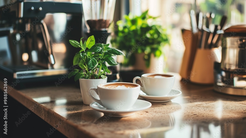 Two coffee cups on a sunlit kitchen counter. Concept of morning routine, relaxation, and shared moments. Two coffee cups on a sunlit kitchen counter. Concept of morning routine, relaxation, and shared moments.