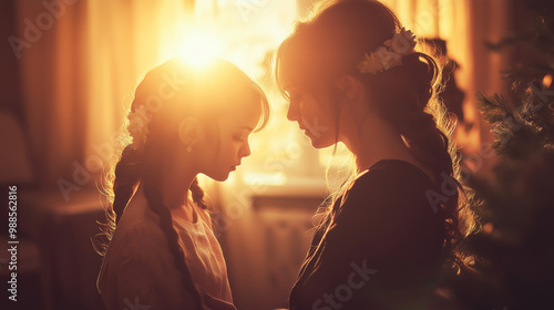 Mother braiding her daughter's hair in warm sunlight. Concept of family bond, love, nurturing, and peaceful connection.