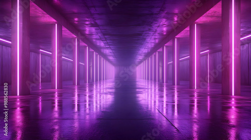 Abstract 3D Render - Neon Pink Lights in a Concrete Hallway