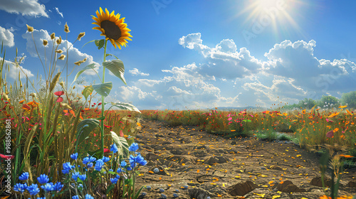 Serene meadow with wildflowers on the left side and a dry patch of earth on the right and a single sunflower stands tall in the middle and with a clear blue sky and a few fluffy clouds above. 