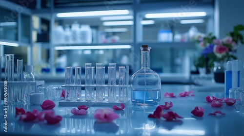 Modern laboratory with floral samples and glassware for perfume production. Concept of fragrance creation, botanical research, and luxury scent development. photo