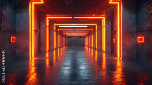 3D Neon Corridor Rendering with Glowing Lights