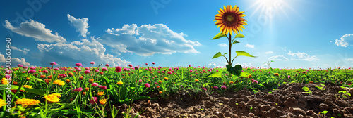 Serene meadow with wildflowers on the left side and a dry patch of earth on the right and a single sunflower stands tall in the middle and with a clear blue sky and a few fluffy clouds above. 