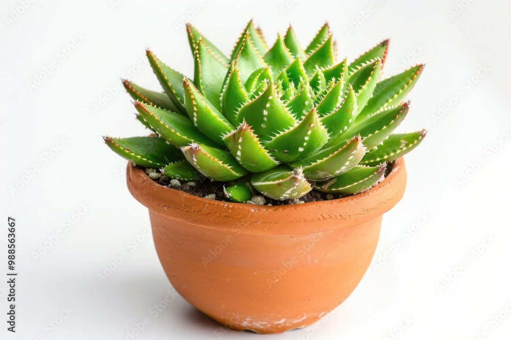 Succulent Cactus On White. Front View of Green Plant in Pot Isolated on White Background Succulent Cactus On White. Front View of Green Plant in Pot Isolated on White Background