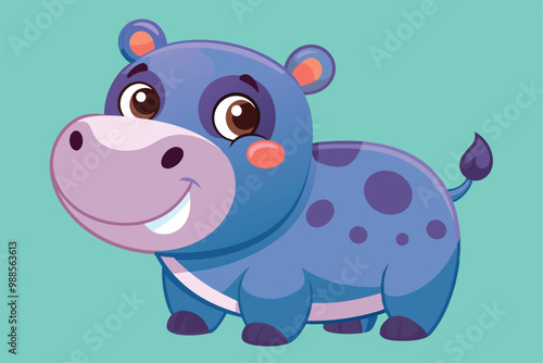 A cheerful cartoon hippopotamus shows a big smile, bringing joy to anyone who sees it, a cartoon character Cute hippopotamus