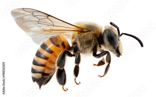 Bee, honeybee, insect, pollinator, wings, compound eye, antennae, stripes, yellow, black, fuzzy, hairy, stinger, legs, pollen basket, thorax, abdomen, head, exoskeleton, proboscis, flight, macro photo