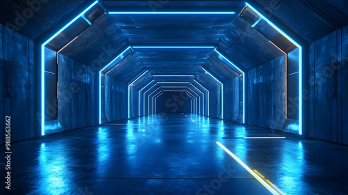 3D Futuristic Tunnel with Blue Neon Lights