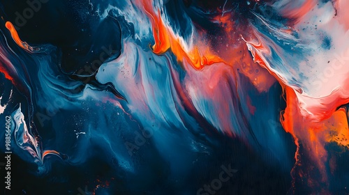 Abstract Swirls of Blue, Orange, and White Paint.