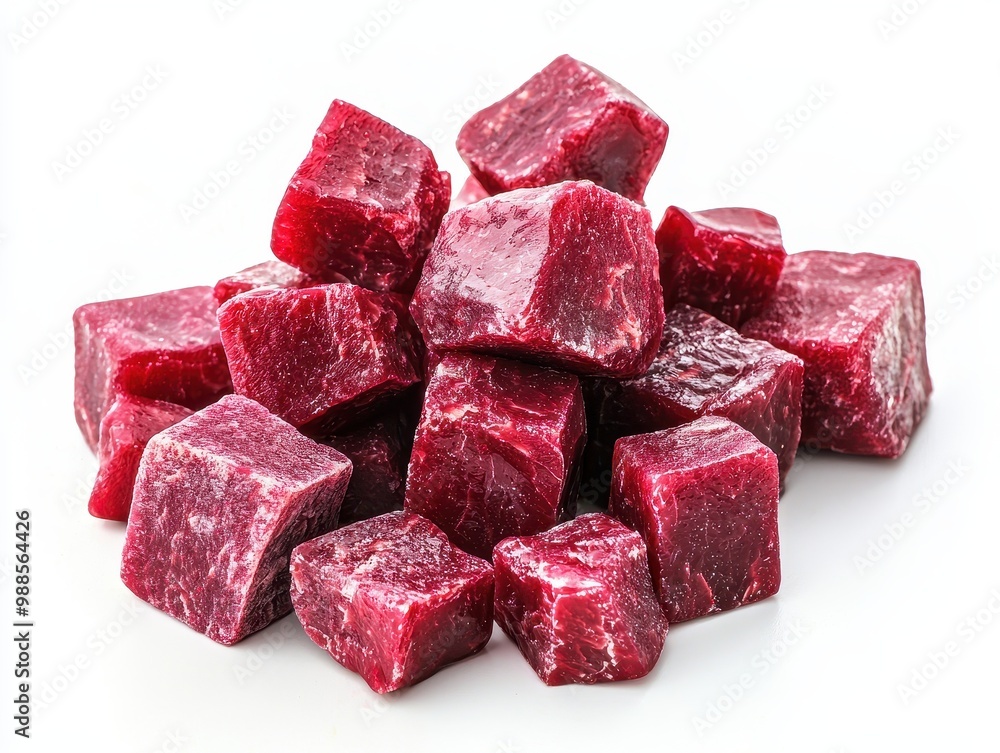 Close-up of raw beef cubes stacked in a pile, isolated on a clean white background. Close-up of raw beef cubes stacked in a pile, isolated on a clean white background.