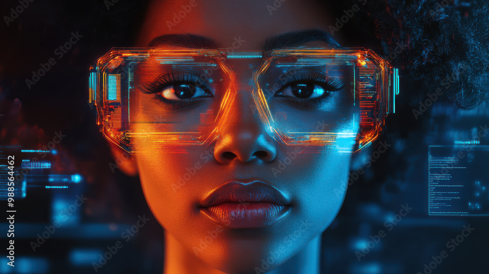 Close-up of a woman wearing futuristic orange digital glasses, immersed in a virtual reality experience. High-tech innovation, cyber vision, and artificial intelligence augmented reality Close-up of a woman wearing futuristic orange digital glasses, immersed in a virtual reality experience. High-tech innovation, cyber vision, and artificial intelligence augmented reality