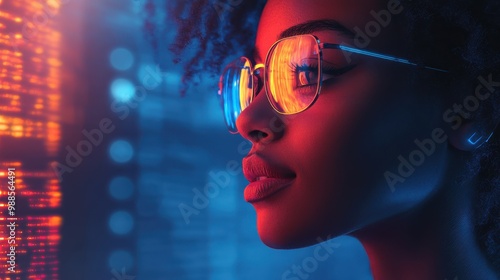 Wallpaper Mural Woman wearing glasses reflecting neon lights, immersed in a futuristic digital world. High-tech environment with augmented reality and vibrant data streaming in the background. Torontodigital.ca
