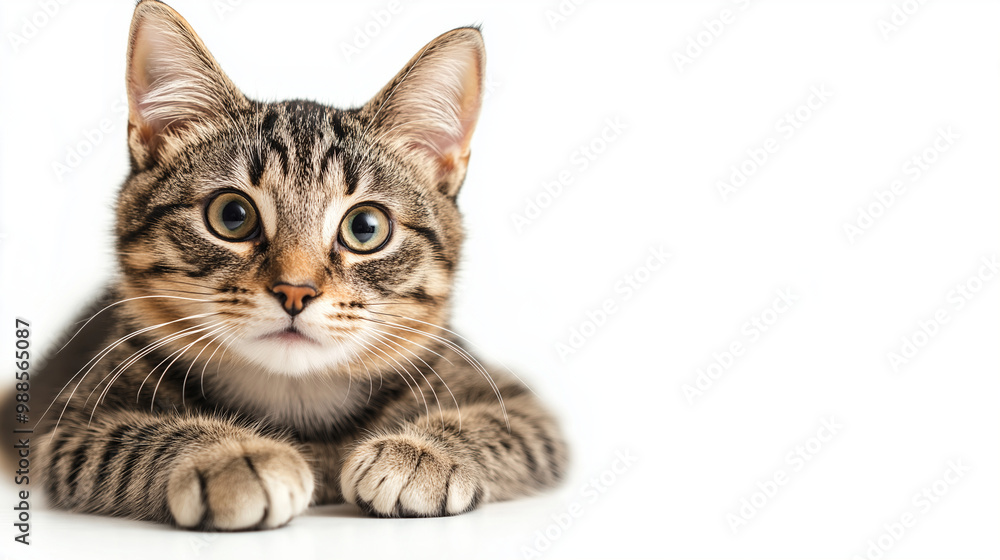 Obraz premium A curious tabby cat with striking stripes, sitting on a white background, its paws slightly tucked in and eyes wide with curiosity.