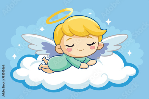 A small angel with blonde hair and wings slumbers contently on a cloud, radiating tranquility and charm, a cartoon character cute little angel sleep on a cloud