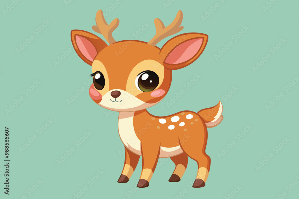 A charming cartoon deer stands cheerfully against a soft green backdrop, with bright eyes and a sweet expression, a cartoon character Cute little deer A charming cartoon deer stands cheerfully against a soft green backdrop, with bright eyes and a sweet expression, a cartoon character Cute little deer