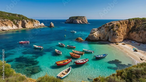 Stunning coastal scene featuring colorful boats beside rocky cliffs and clear blue water under a bright sky.